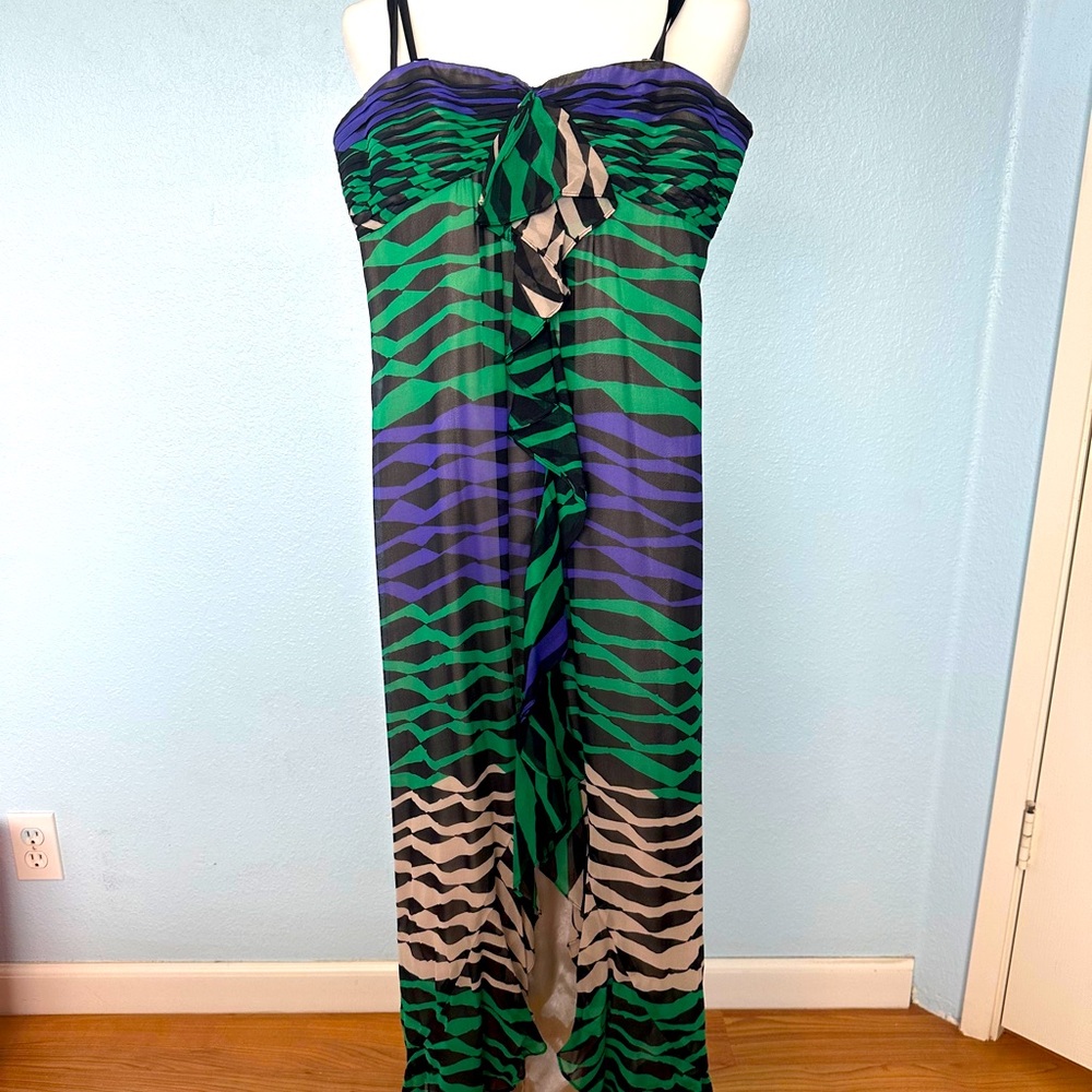 BCBG MAXAZRIA SZ 4 Strapless Blue Green Black Evening Gown